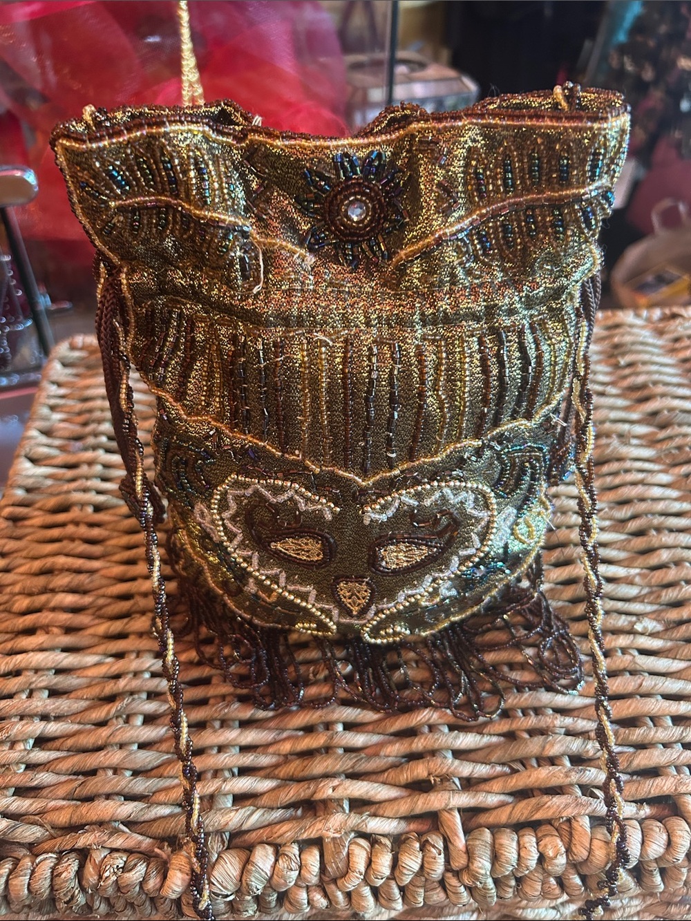 Beaded Gold Evening Bag with Mask Motif